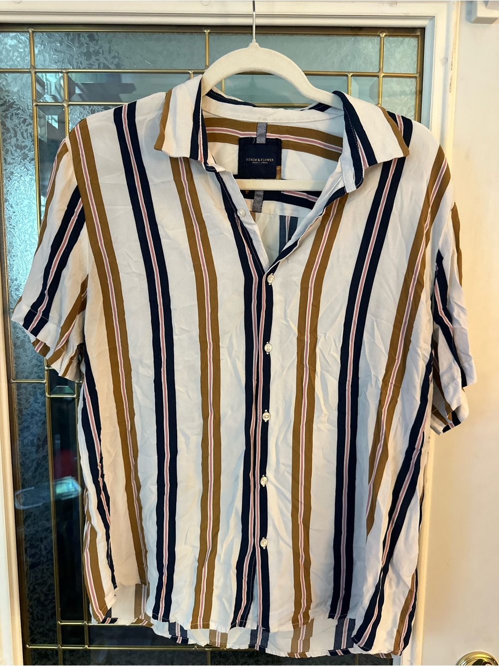 Denim & Flower Men's Short-Sleeve Button-Down Shirt in White, Navy & Brown